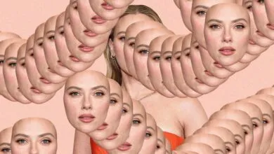 Collage of Scarlett Johansson's face, some bald, some with hair, in a repeating pattern.