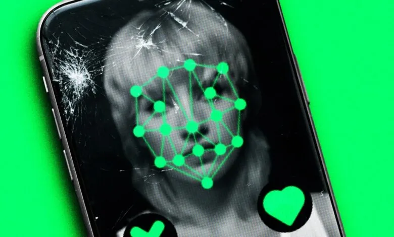 Smartphone screen displaying facial recognition with a cracked screen overlay.