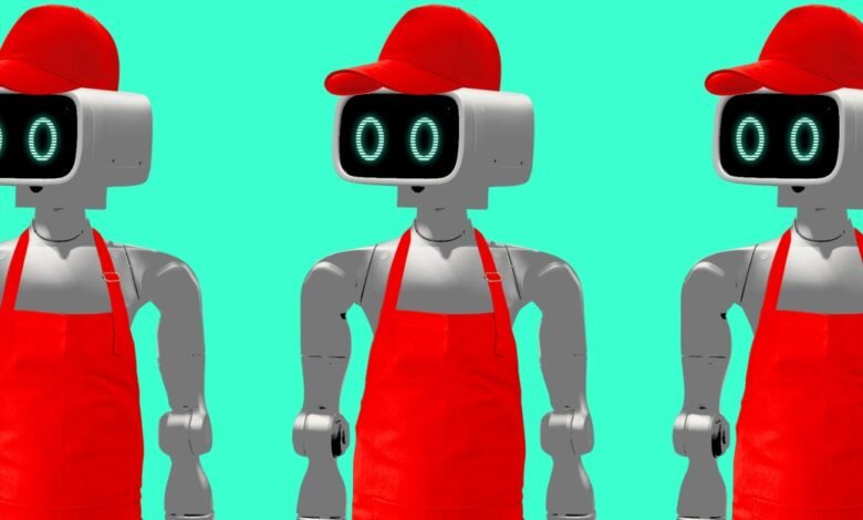 Three robots wearing red aprons and red baseball caps against a teal background.