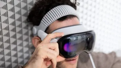 Close-up of a person wearing a white virtual reality headset with a textured headband.
