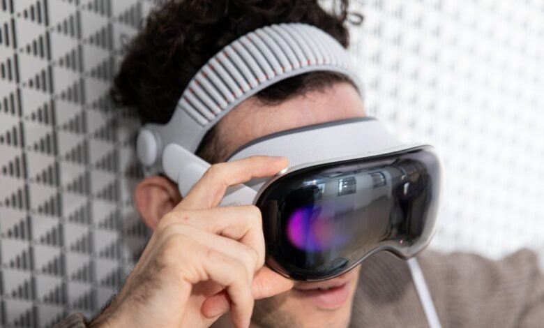 Close-up of a person wearing a white virtual reality headset with a textured headband.