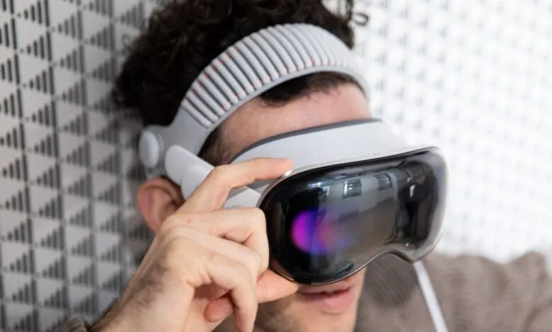 Close-up of a person wearing a white virtual reality headset with a textured headband.