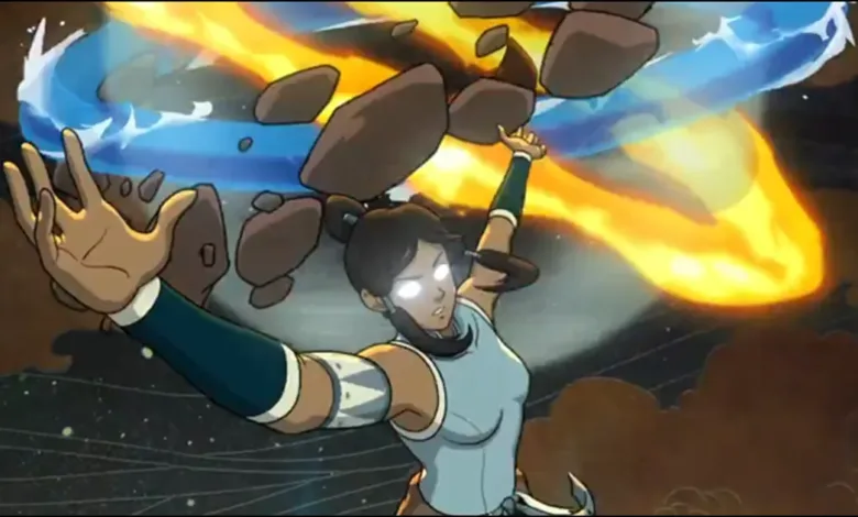 Korra uses water and firebending to manipulate rocks in a dynamic battle scene.