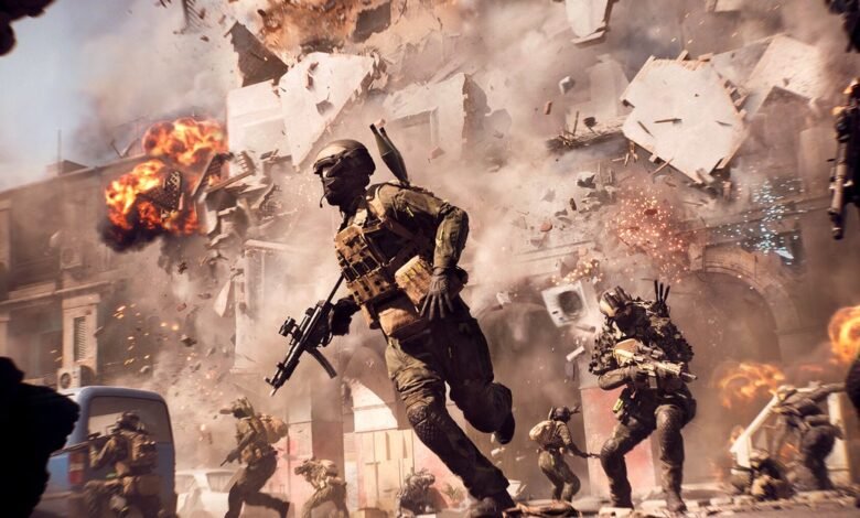 Soldiers in tactical gear running through a chaotic urban battlefield with explosions and debris.