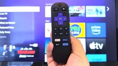 Hand holding a Roku remote control in front of a smart TV screen displaying streaming service icons.