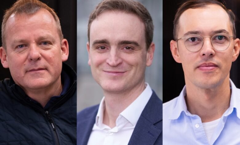 Triptych of headshots of three men in professional attire.