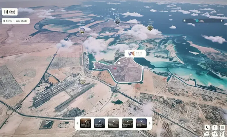 Aerial view of Abu Dhabi showing Yas Island, airport, and coastline.