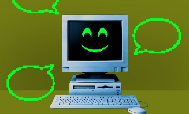 Retro computer with a smiling face on screen and pixelated speech bubbles.