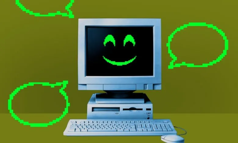Retro computer with a smiling face on screen and pixelated speech bubbles.