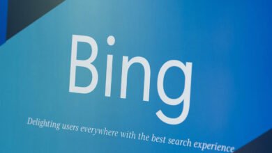 Close-up of the Bing logo and tagline on a blue background.