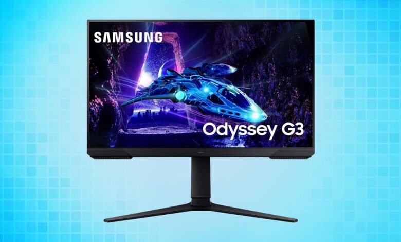 Samsung Odyssey G3 gaming monitor displaying a futuristic blue spaceship.