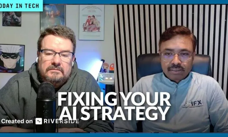 Two men discussing AI strategy on a video call, with text overlay 'Fixing Your AI Strategy'.