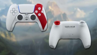 Two white PlayStation 5 controllers with red accents, one featuring God of War 20th Anniversary branding.