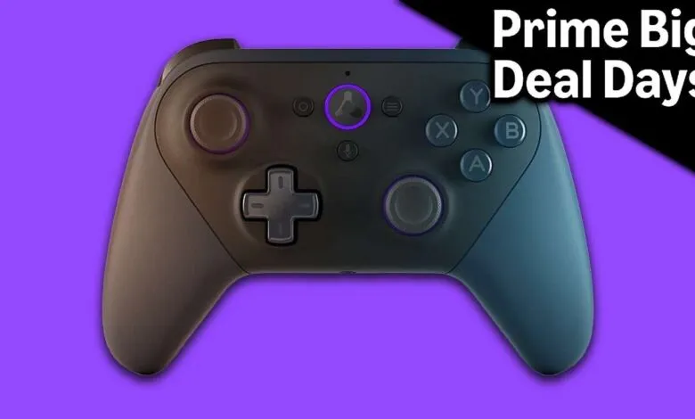 A dark gray game controller with purple accents on a vibrant purple background.