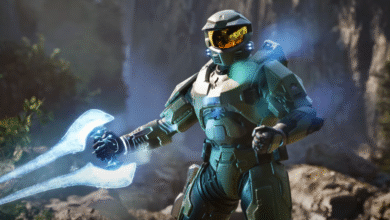 Master Chief in green armor holding a glowing energy sword in a forest setting.