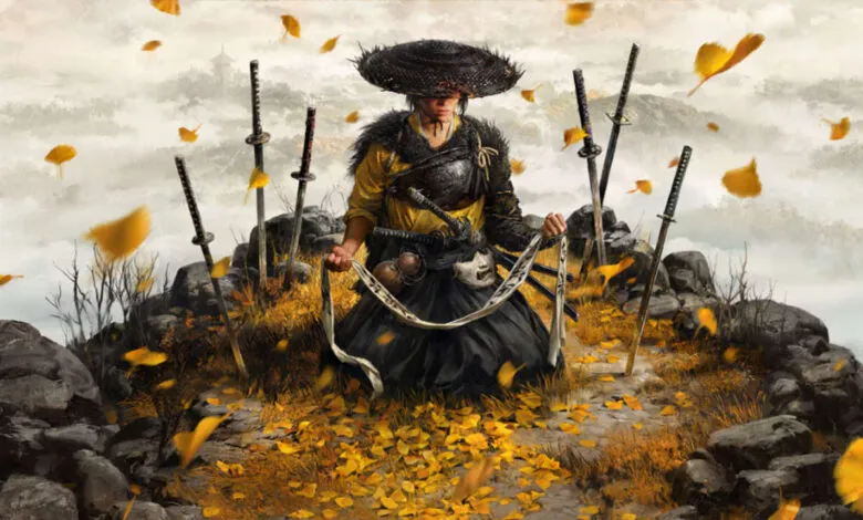 Samurai warrior in traditional attire surrounded by swords and falling autumn leaves.