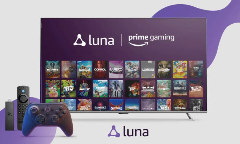 Amazon Luna game streaming service interface on a TV screen with controllers.