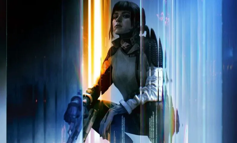 A woman in futuristic tactical gear crouches, holding a weapon, amidst a glitchy, neon-lit environment.