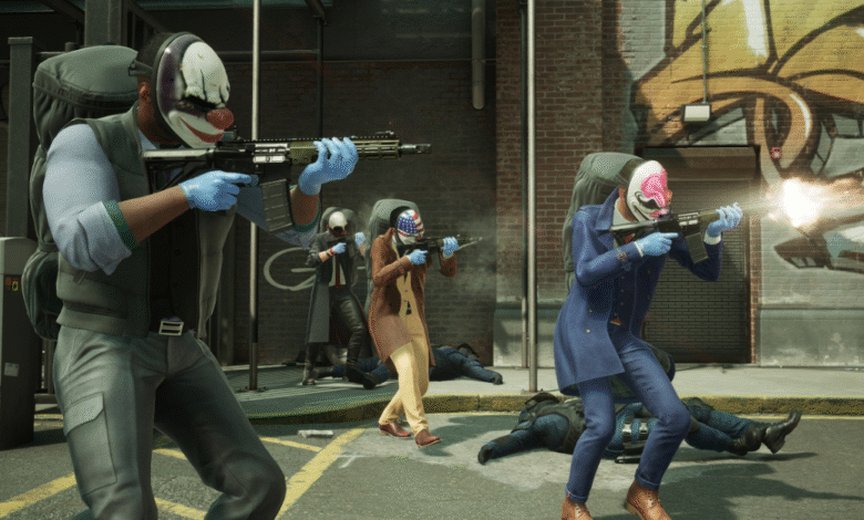 Masked individuals in tactical gear engaged in a shootout on a city street.
