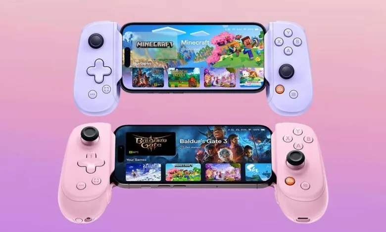 Two iPhones with game controllers attached, displaying game menus.