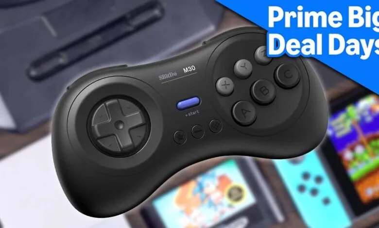 Black 8BitDo M30 game controller with retro gaming graphics in the background.