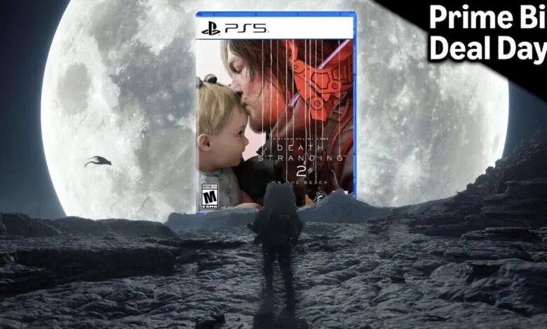 Death Stranding 2 game cover superimposed over a desolate lunar landscape with a large moon.