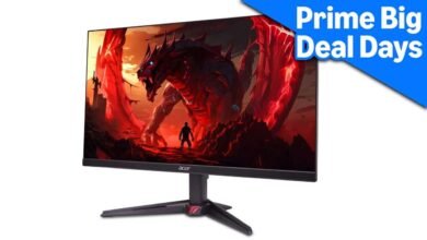 Acer gaming monitor displaying a fierce red dragon and a silhouetted figure.