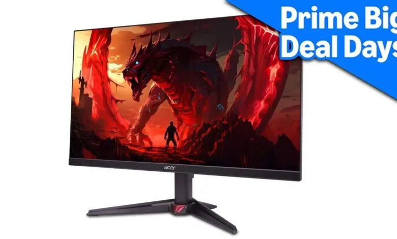 Acer gaming monitor displaying a fierce red dragon and a silhouetted figure.