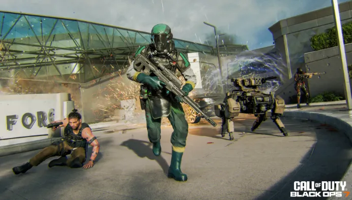 Soldiers in futuristic gear engage in combat with a robotic dog and a drone.