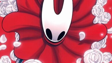 Close-up of Hornet from Hollow Knight: Silksong, wearing a red cloak and surrounded by white roses.