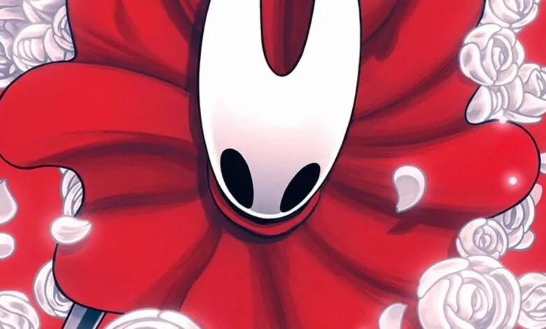 Close-up of Hornet from Hollow Knight: Silksong, wearing a red cloak and surrounded by white roses.