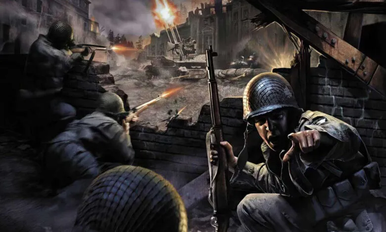 Soldiers in combat during World War II, taking cover and firing weapons.