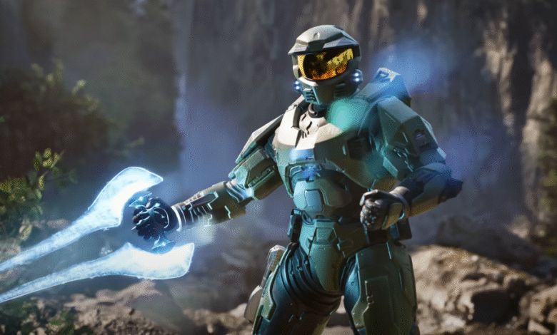 Master Chief in green armor holding a glowing energy sword in a forest setting.