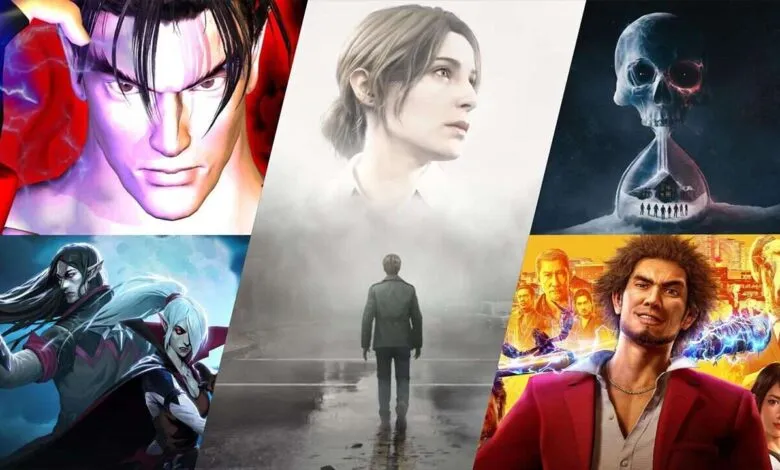 Collage of video game characters and scenes, including anime-style fighters, vampires, and a man in a foggy environment.