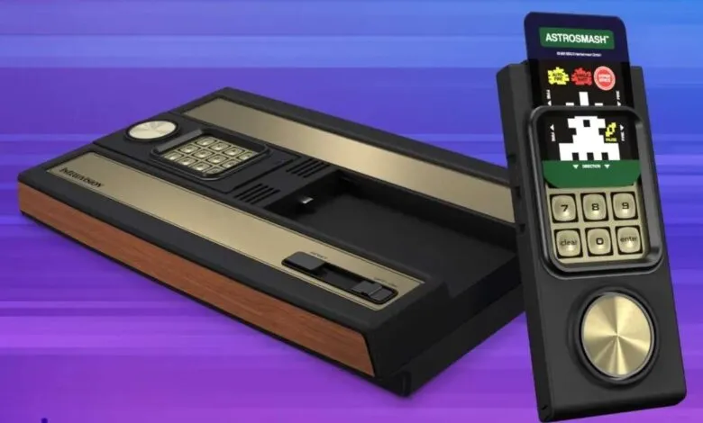 Intellivision video game console with Astro Smash game cartridge and controller