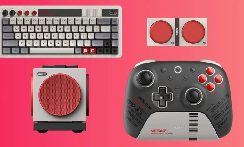 Collection of retro-inspired gaming accessories including a keyboard, controller, and speaker.