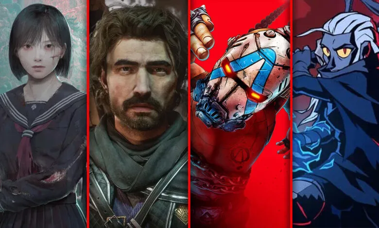 Collage of four distinct video game characters: a young woman in a school uniform, a rugged man, a character with a robotic mask, and an anime-style figure.