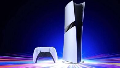 PlayStation 5 console and DualSense controller on a vibrant, streaking light background.