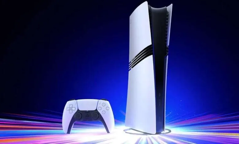 PlayStation 5 console and DualSense controller on a vibrant, streaking light background.