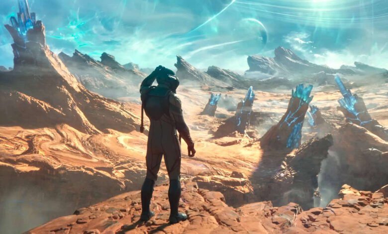 Astronaut in a futuristic suit stands on a rocky alien planet, looking at glowing blue crystals.