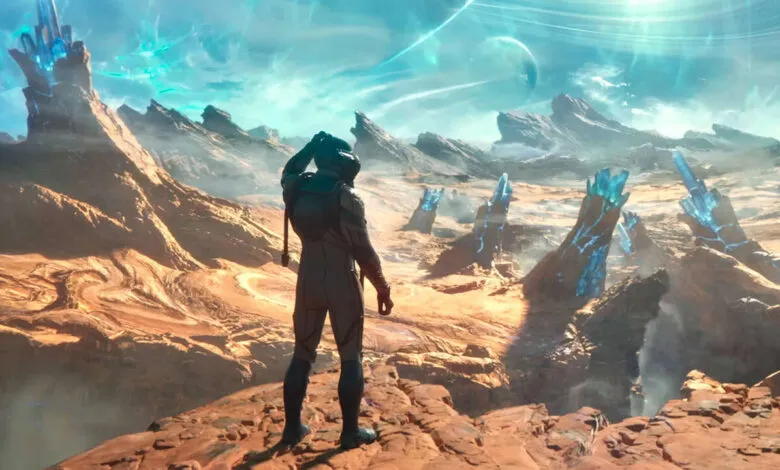 Astronaut in a futuristic suit stands on a rocky alien planet, looking at glowing blue crystals.