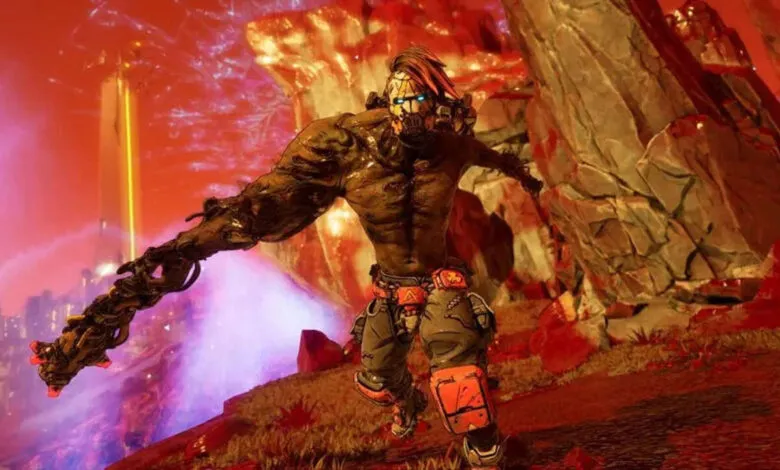 A monstrous character with a long, twisted arm runs through a fiery, alien landscape.