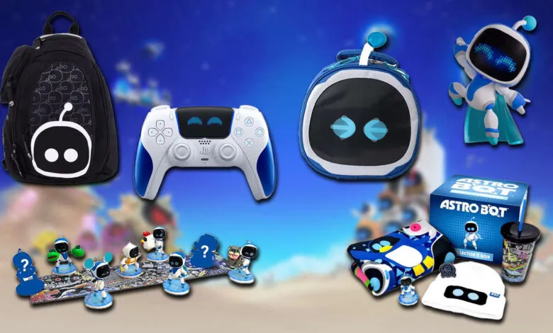Collection of Astro Bot merchandise including a backpack, controller, lunch bag, figures, and apparel.