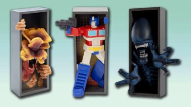 Three framed dioramas featuring iconic pop culture characters: a Xenomorph, Optimus Prime, and a creature from The Last of Us.