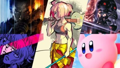 Collage of video game and movie characters including a soldier, anime girl with guitar, Terminator, and Kirby.