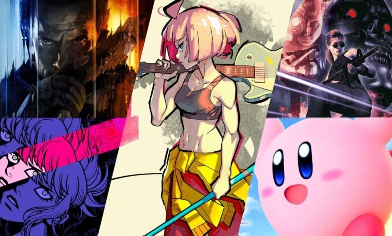 Collage of video game and movie characters including a soldier, anime girl with guitar, Terminator, and Kirby.