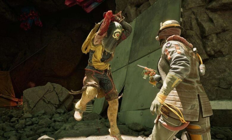 Two characters in a video game scene, one wielding a weapon and the other holding a futuristic gun.