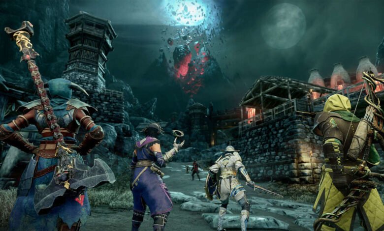 Fantasy characters in armor stand before a dark, ominous landscape with a glowing moon.