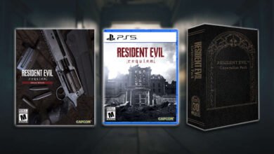 Resident Evil Village and Resident Evil 4 Remake game covers and collector's edition box.