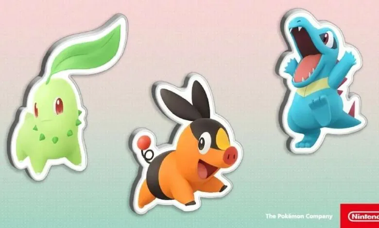 Three Pokémon characters: Chikorita, Tepig, and Totodile, presented as stickers.